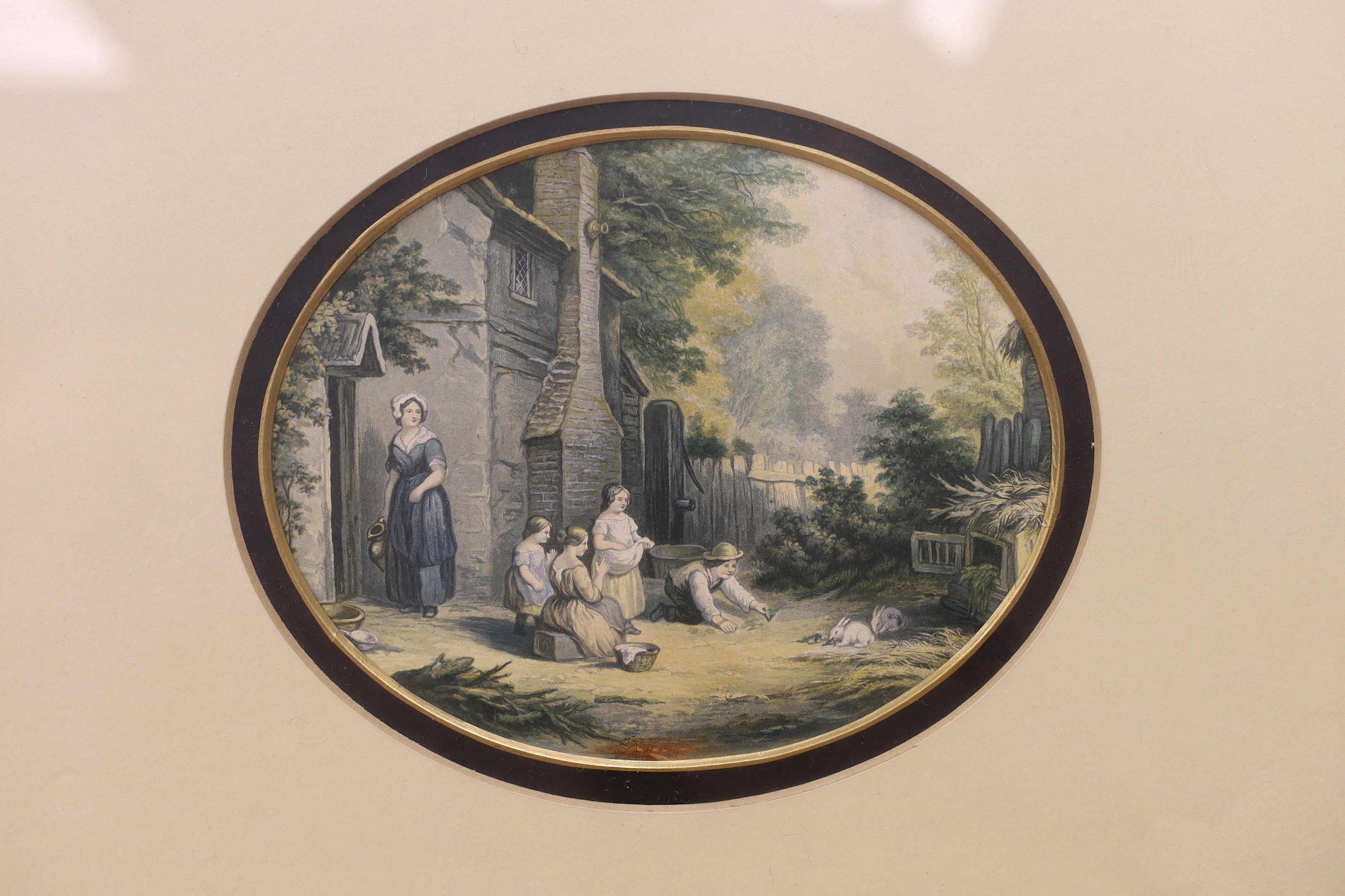 A group of assorted colour prints including shooting and coaching scenes, a Morden map of East Riding, Yorkshire, a reprint road map and eight oval prints after Baxter